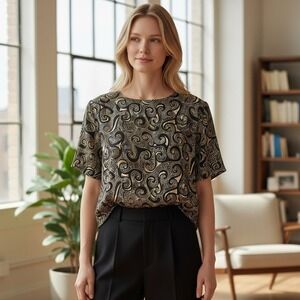 Modern Essentials‎ Womens Black Gold Scroll Paisley Blouse Short Sleeve Medium